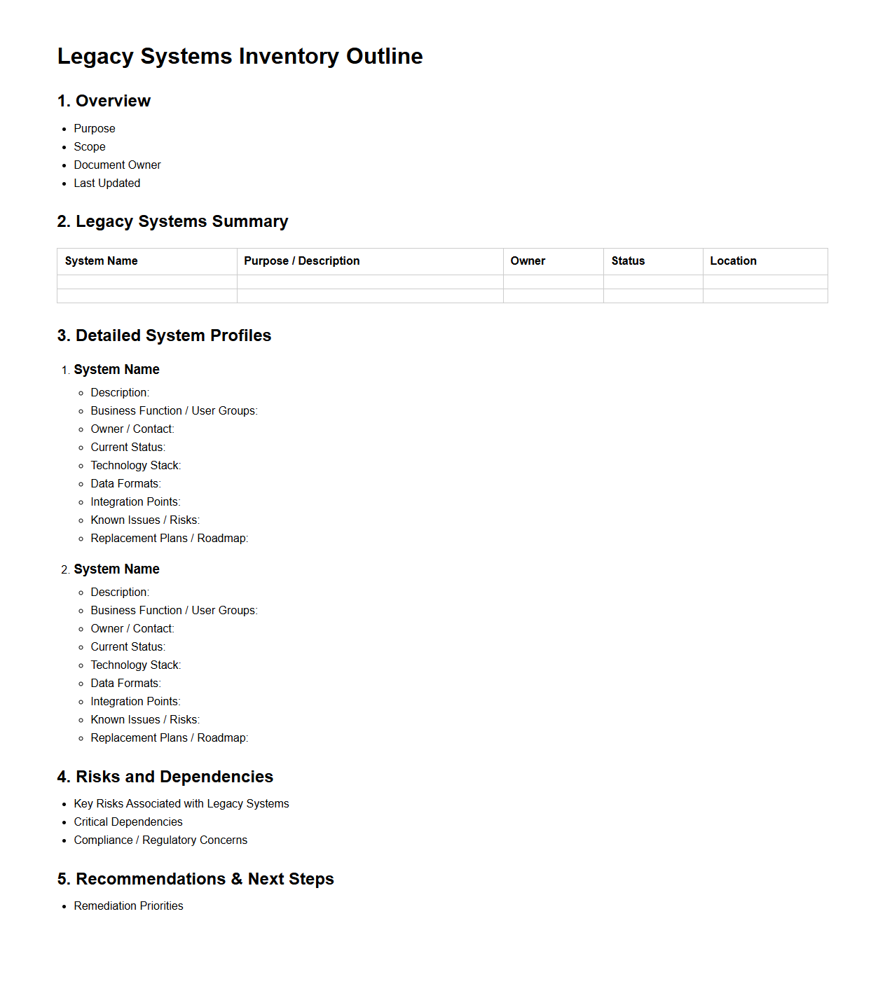 Legacy Systems Inventory Outline
