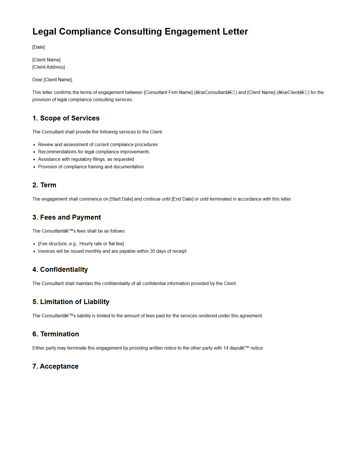 Legal Compliance Consulting Engagement Letter Sample