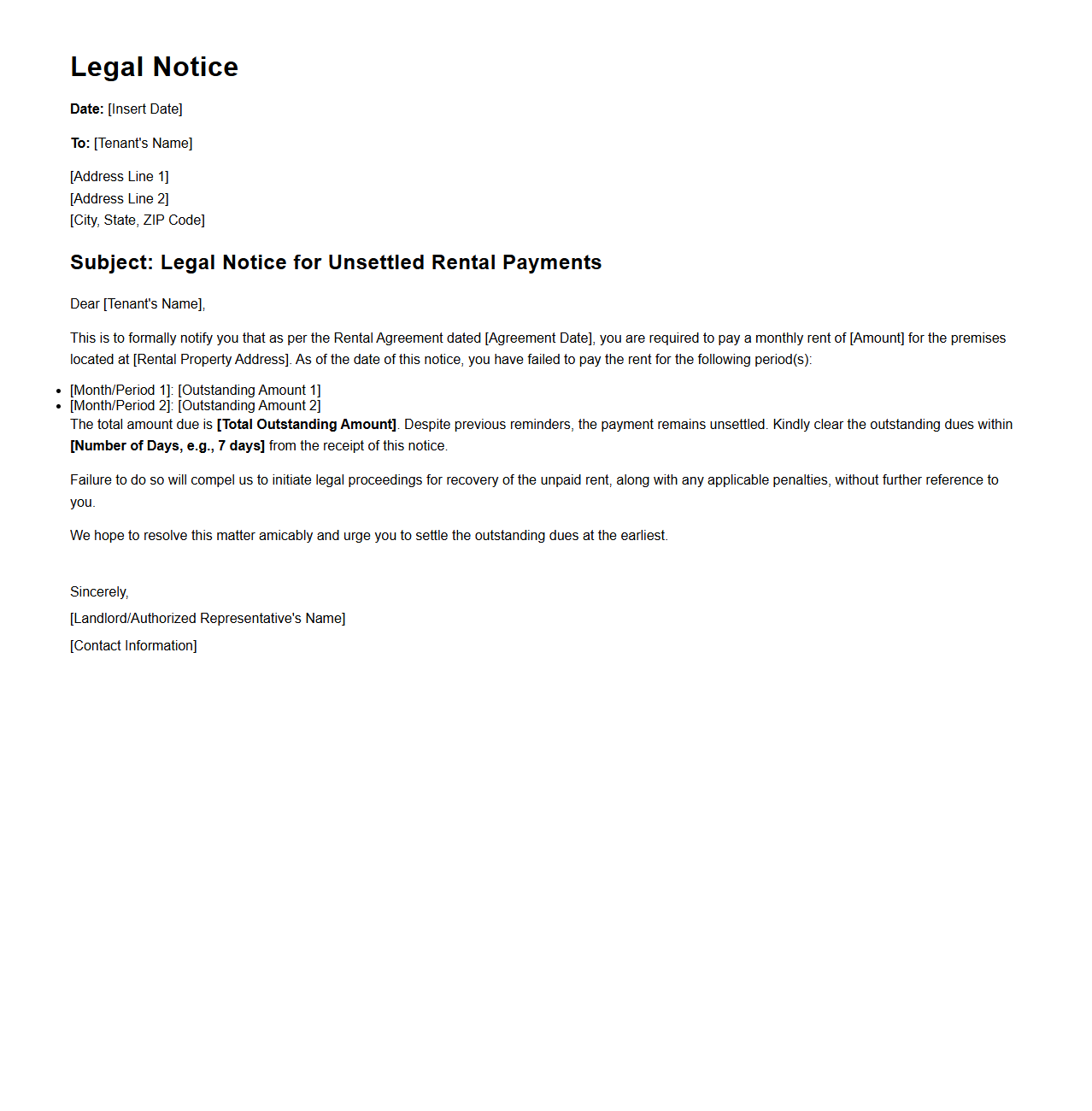 Legal Notice Example for Unsettled Rental Payments