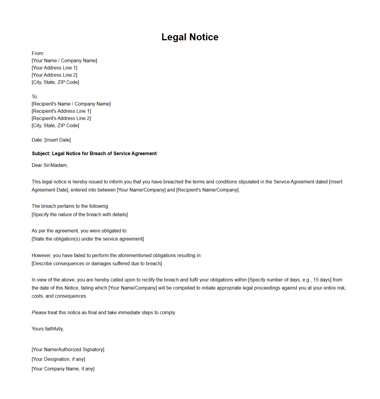 Legal Notice Format for Breach of Service Agreement