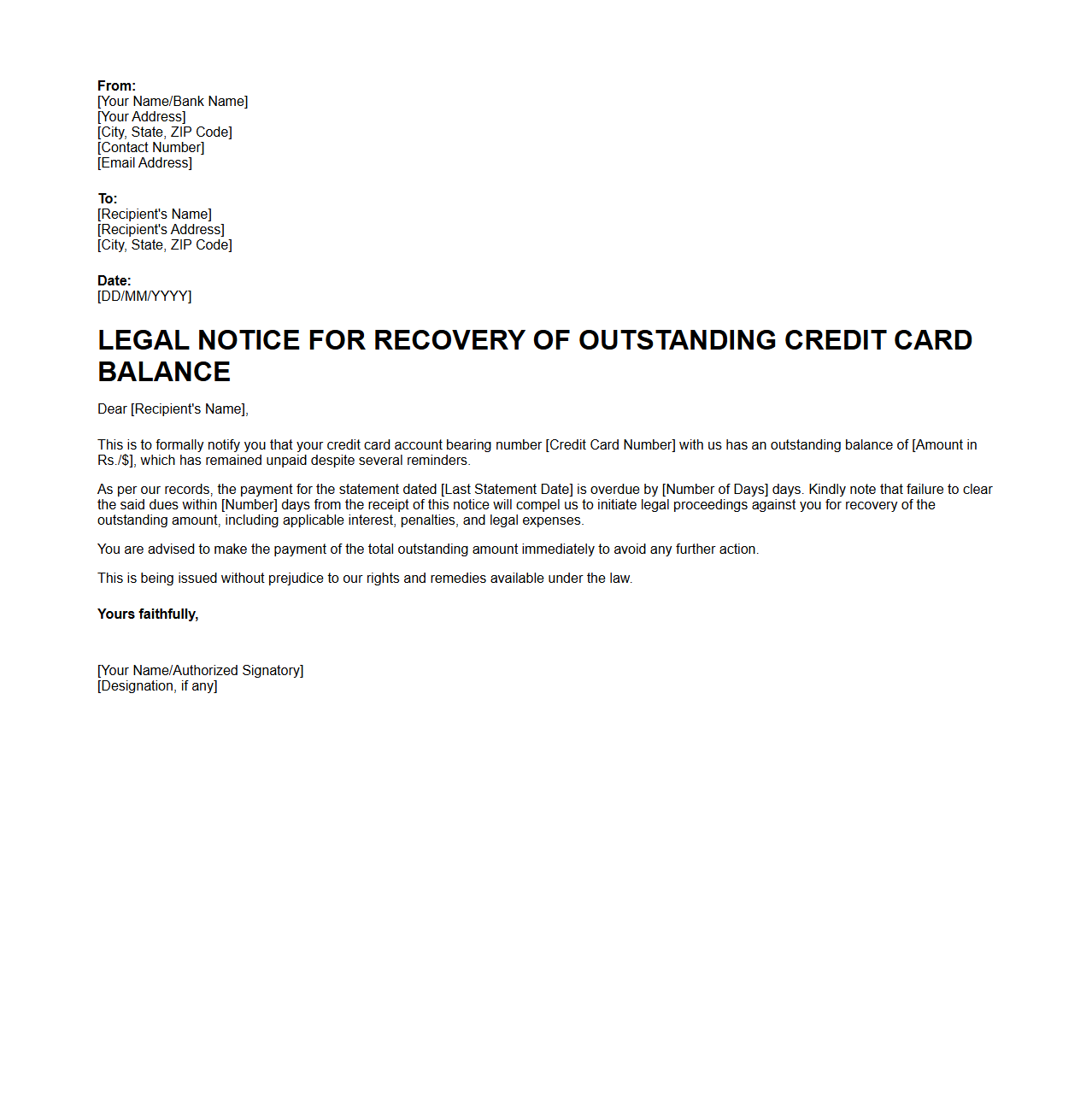 Legal Notice for Recovery of Outstanding Credit Card Balance