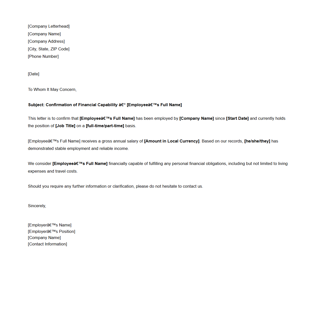 Letter from Employer Confirming Financial Capability