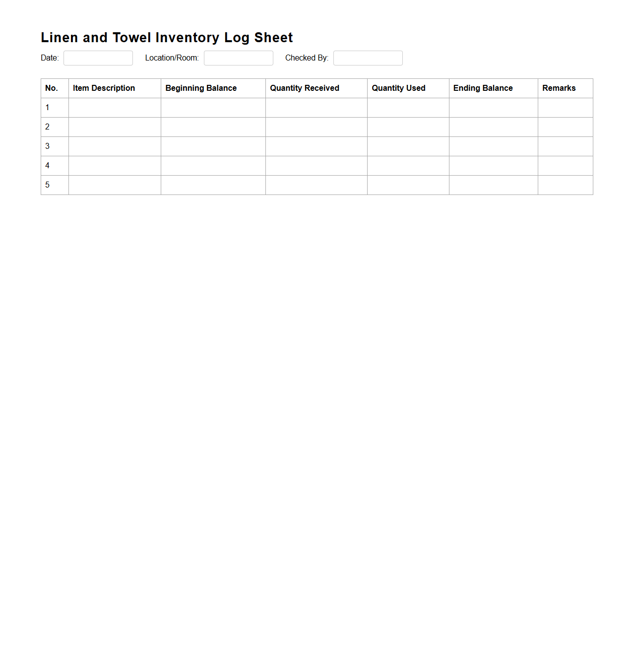 Linen and Towel Inventory Log Sheet