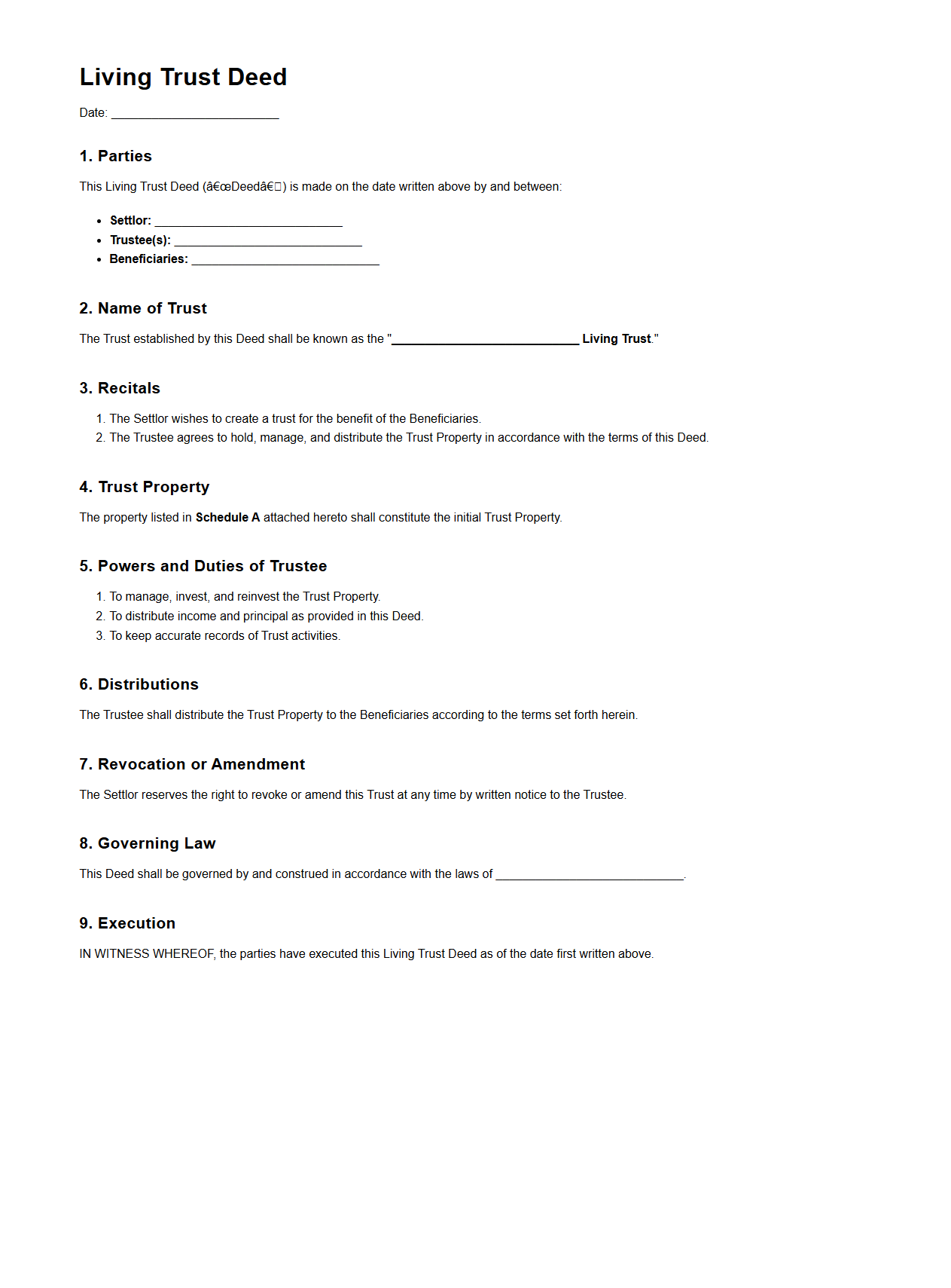 Living Trust Deed Model