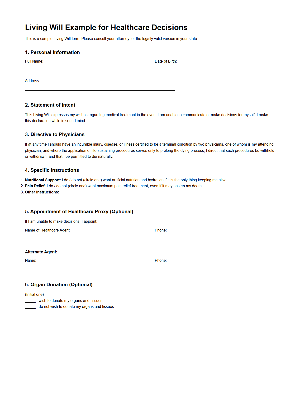 Living Will Example for Healthcare Decisions