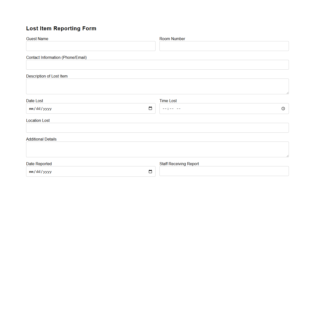 Lost Item Reporting Form for Hotel Guests