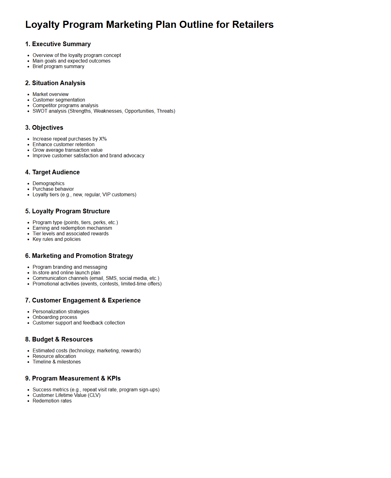 Loyalty Program Marketing Plan Outline for Retailers