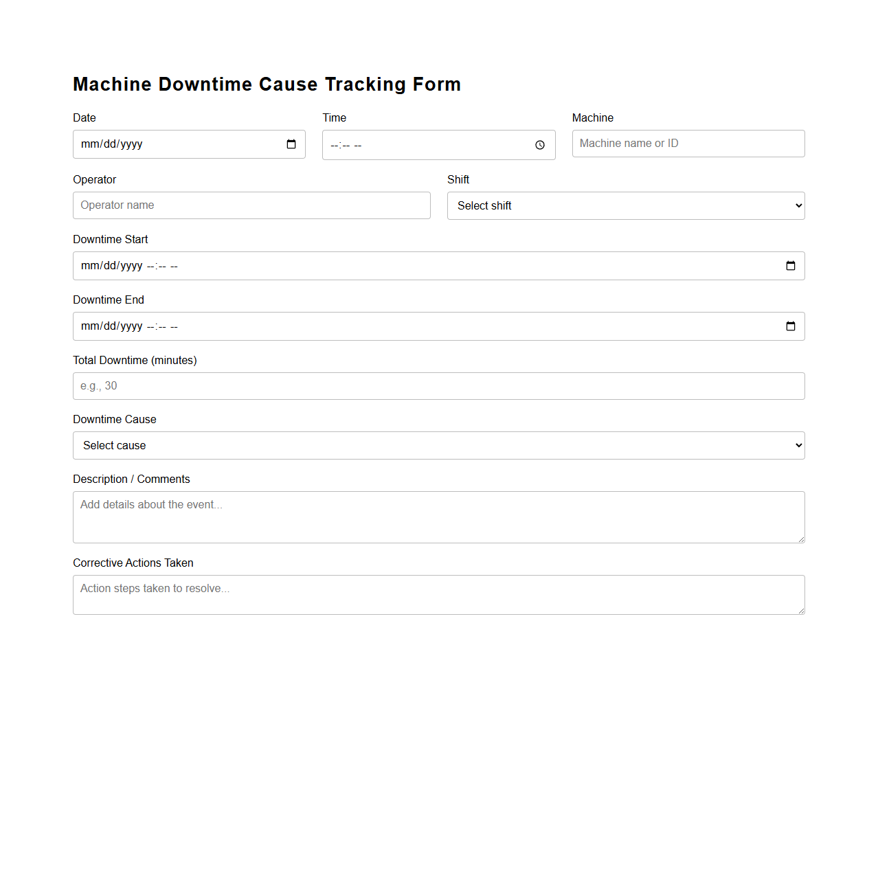 Machine Downtime Cause Tracking Form