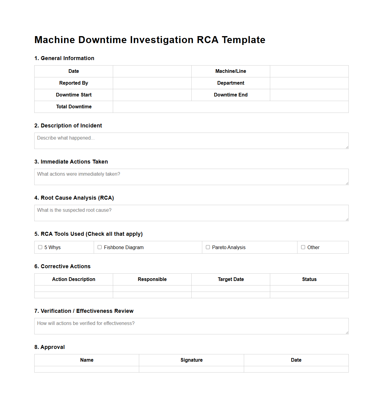 Machine Downtime Investigation RCA Template
