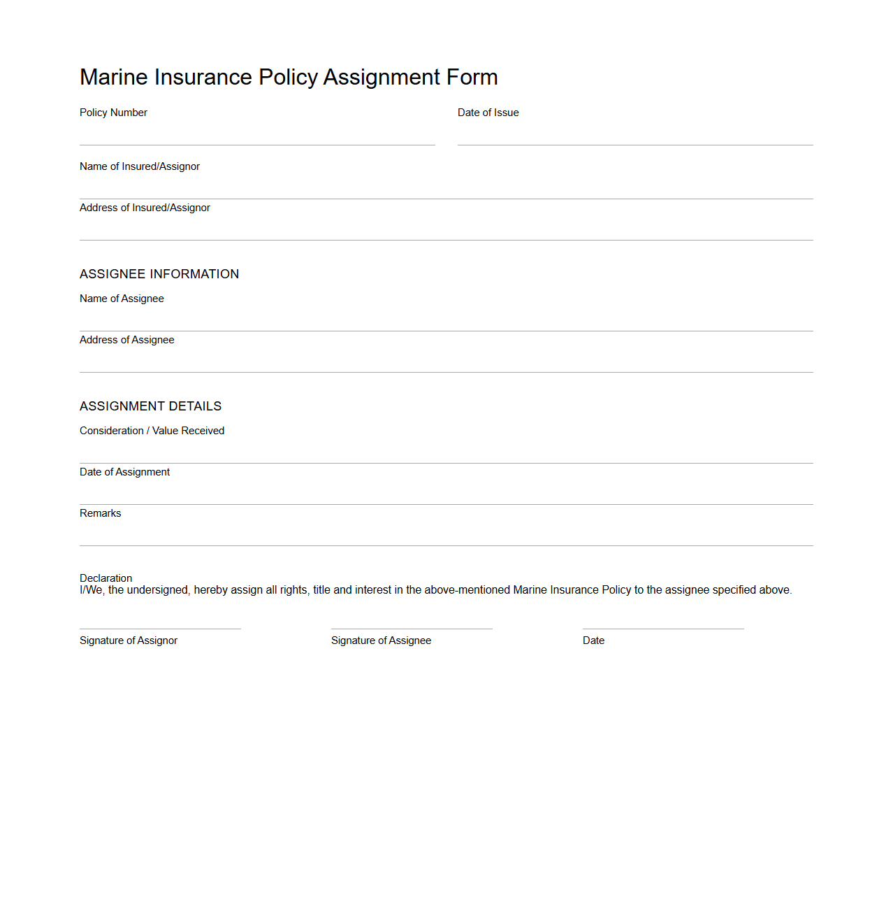 Marine Insurance Policy Assignment Form