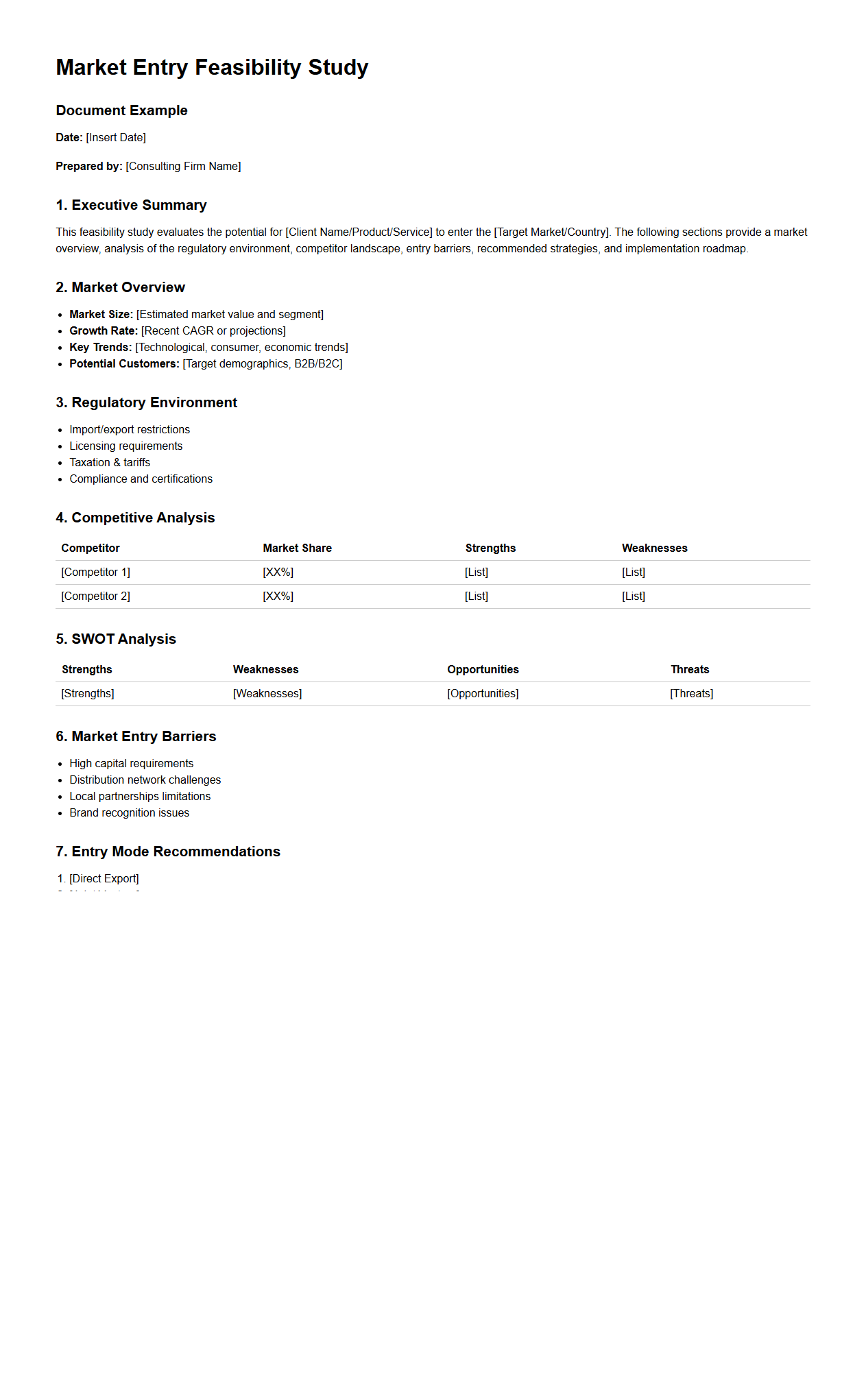 Market Entry Feasibility Study Document Example for Consulting