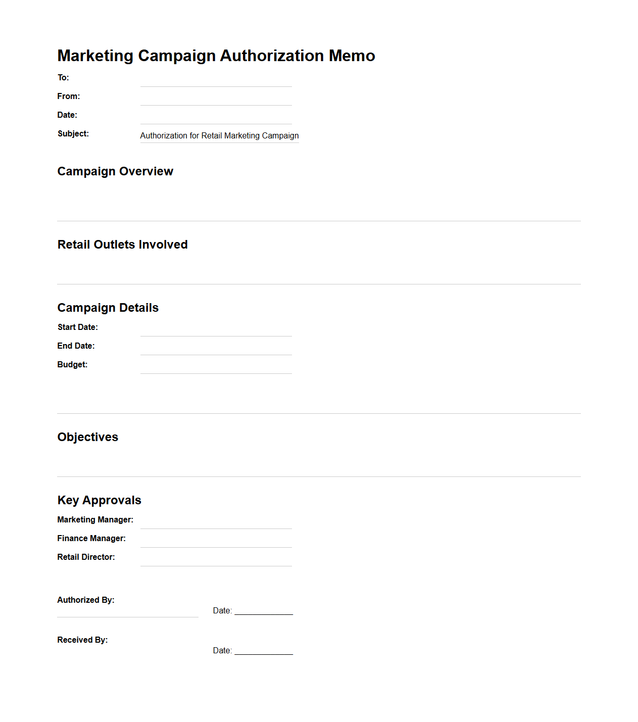 Marketing Campaign Authorization Memo for Retail Outlets