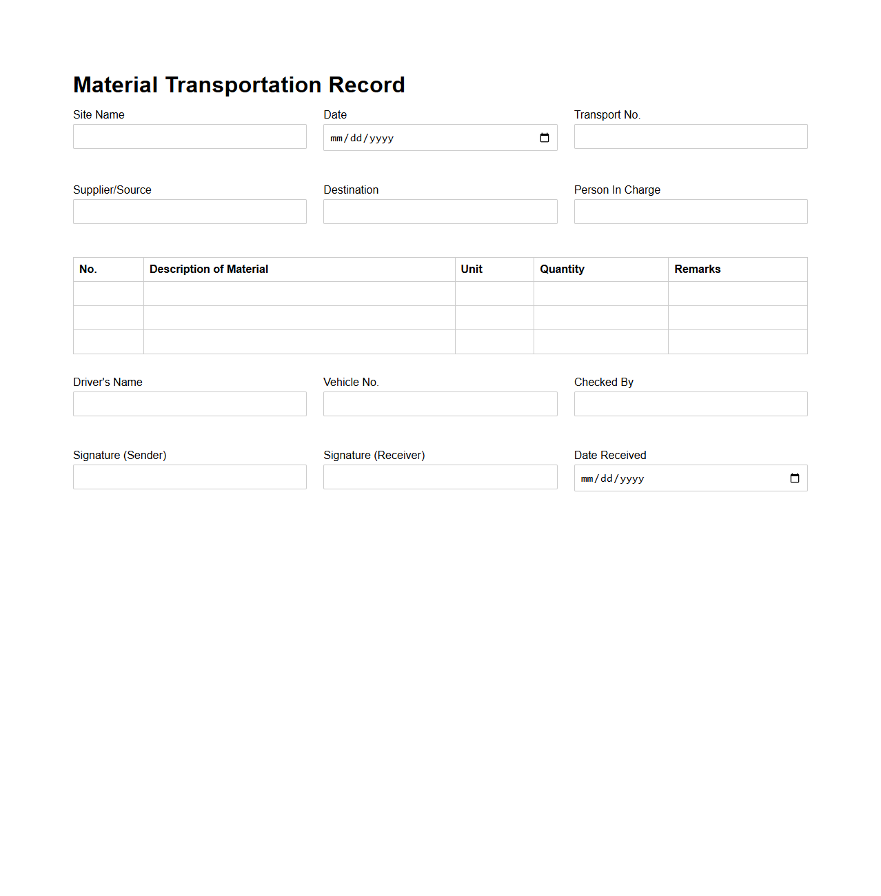 Material Transportation Record for Construction Sites
