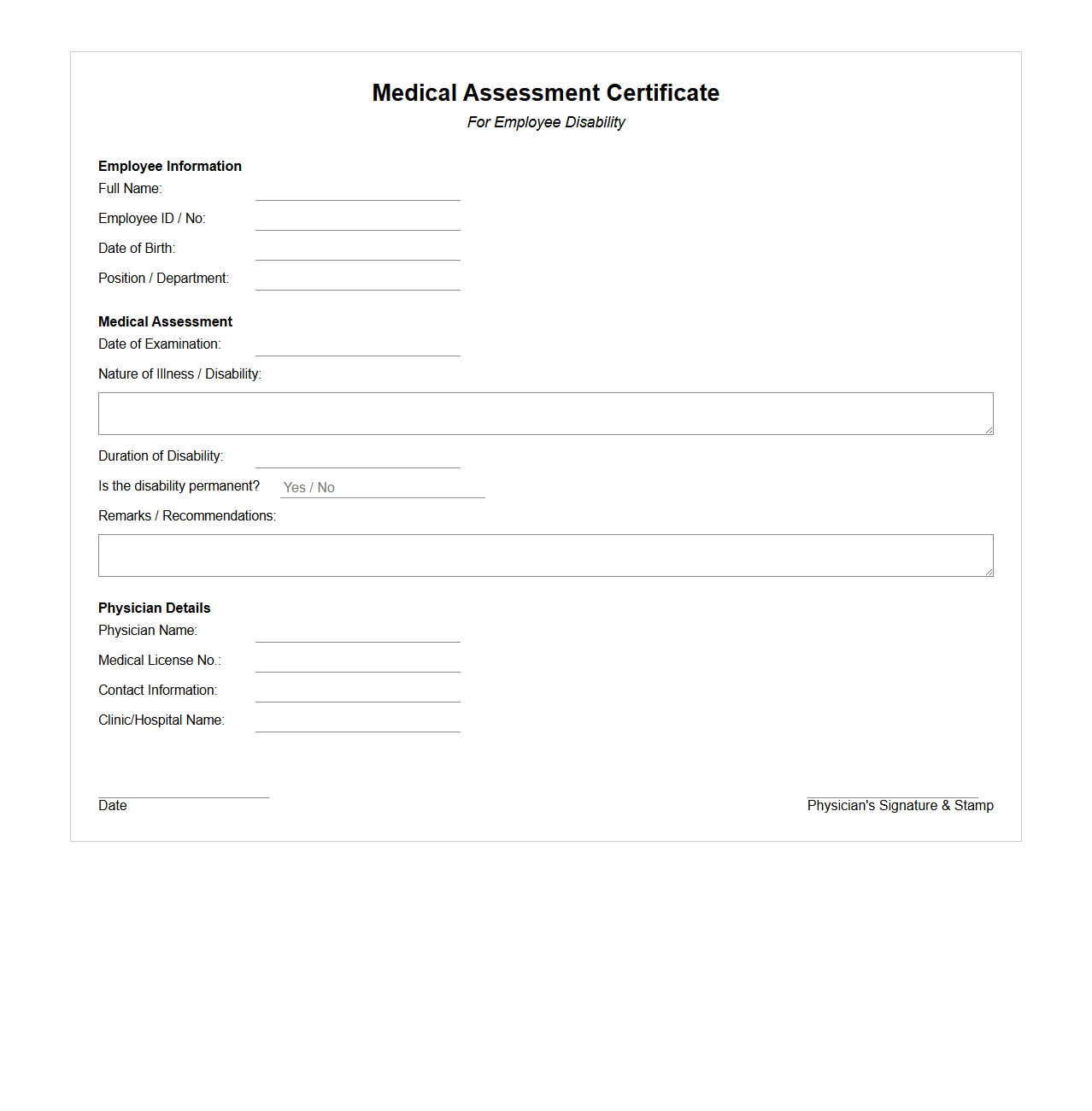 Medical Assessment Certificate for Employee Disability