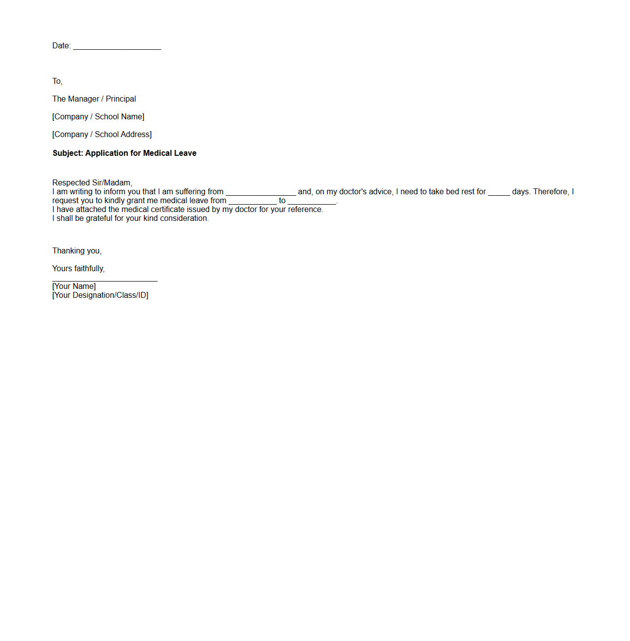 Medical Leave Application Document Sample