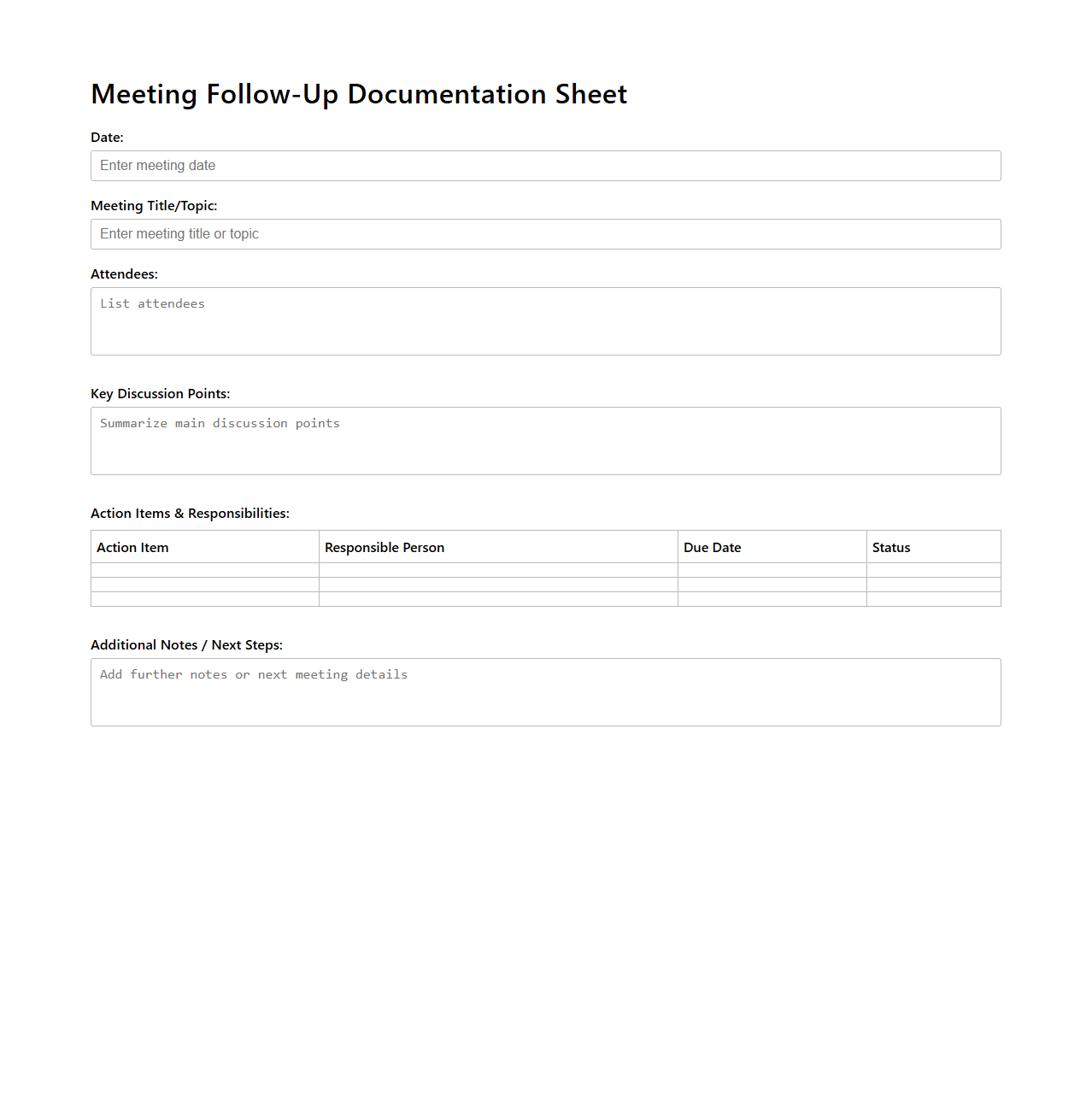 Meeting Follow-Up Documentation Sheet
