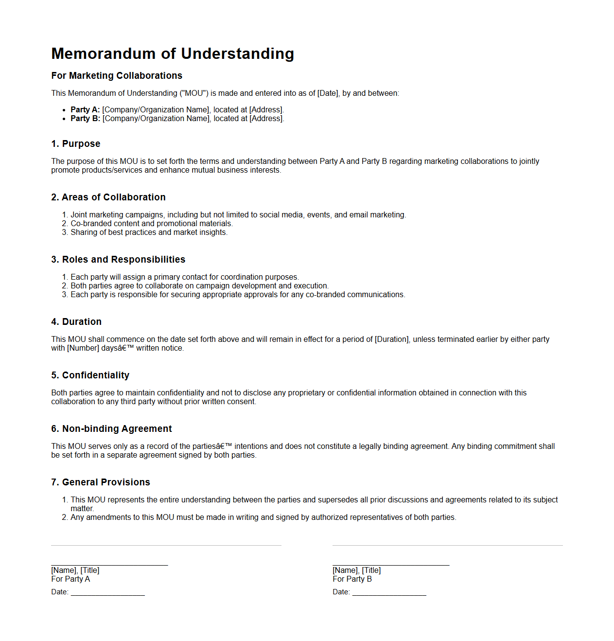 Memorandum of Understanding for Marketing Collaborations