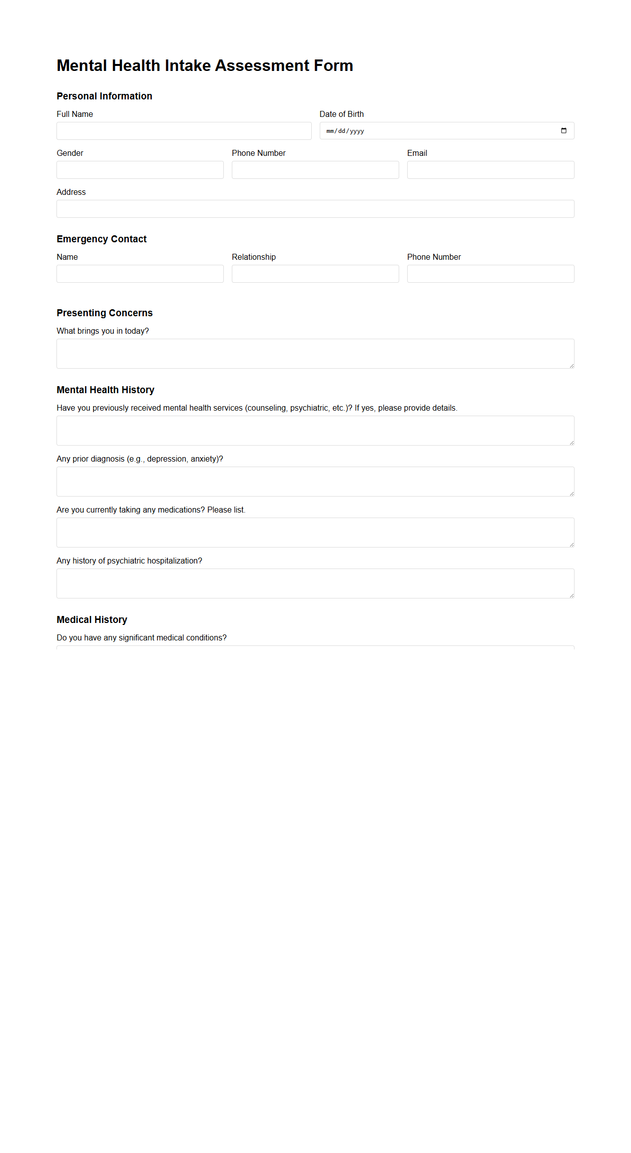 Mental Health Intake Assessment Form