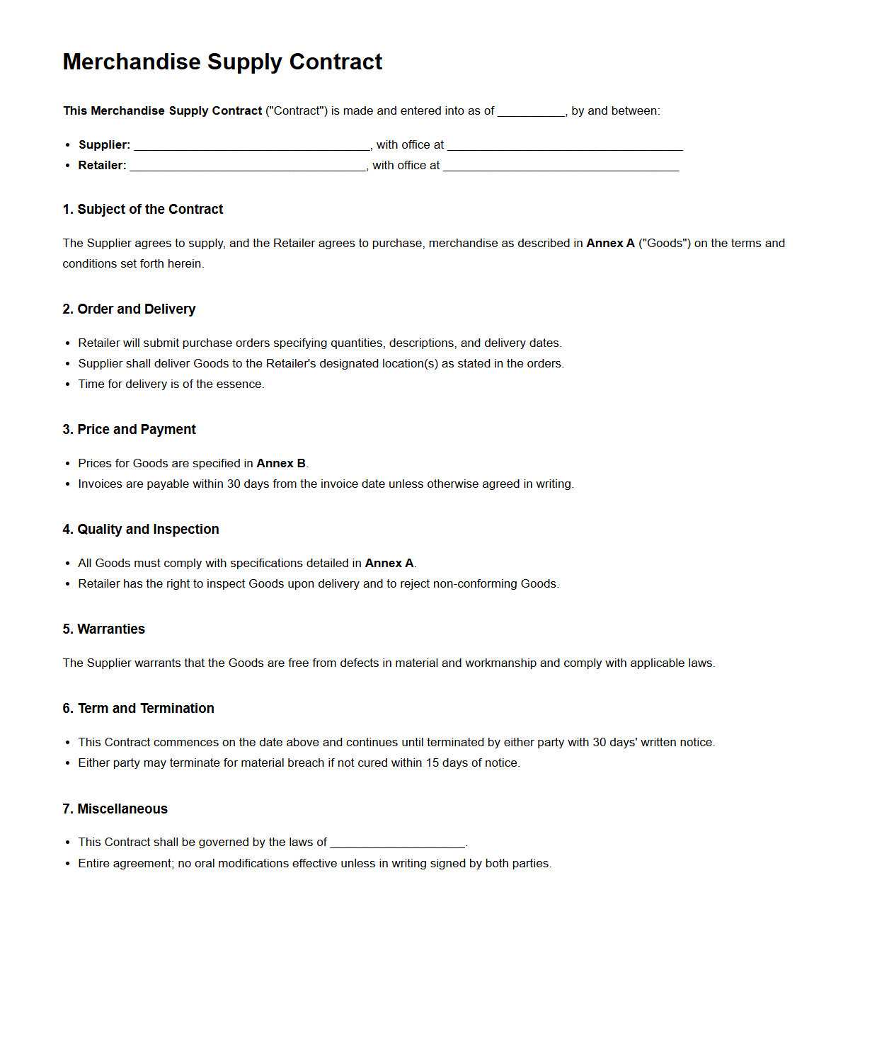 Merchandise Supply Contract for Retail Networks
