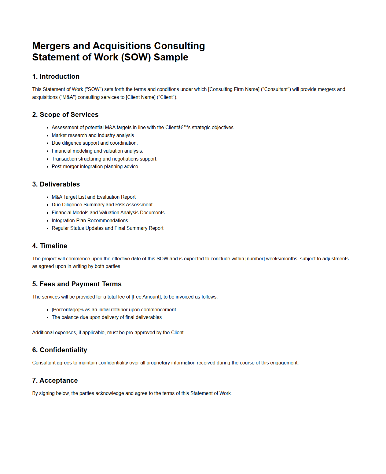 Mergers and Acquisitions Consulting SOW Sample