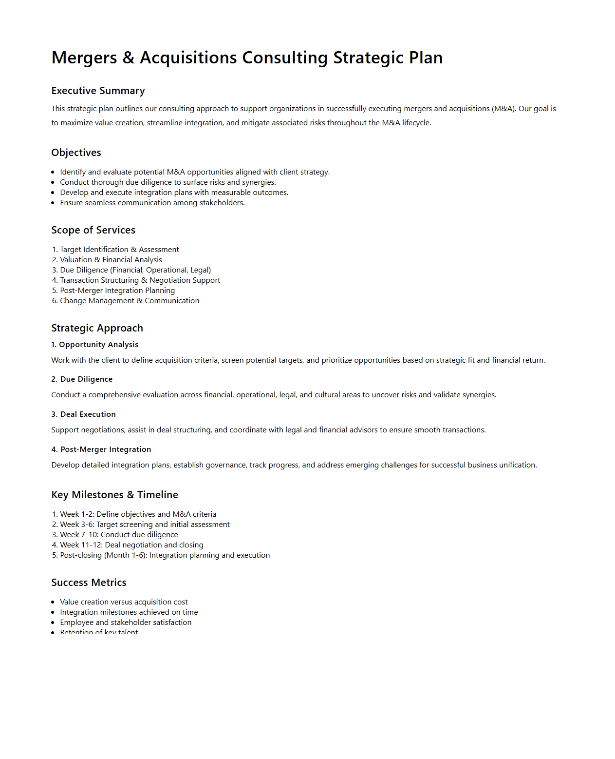 Mergers and Acquisitions Consulting Strategic Plan Sample