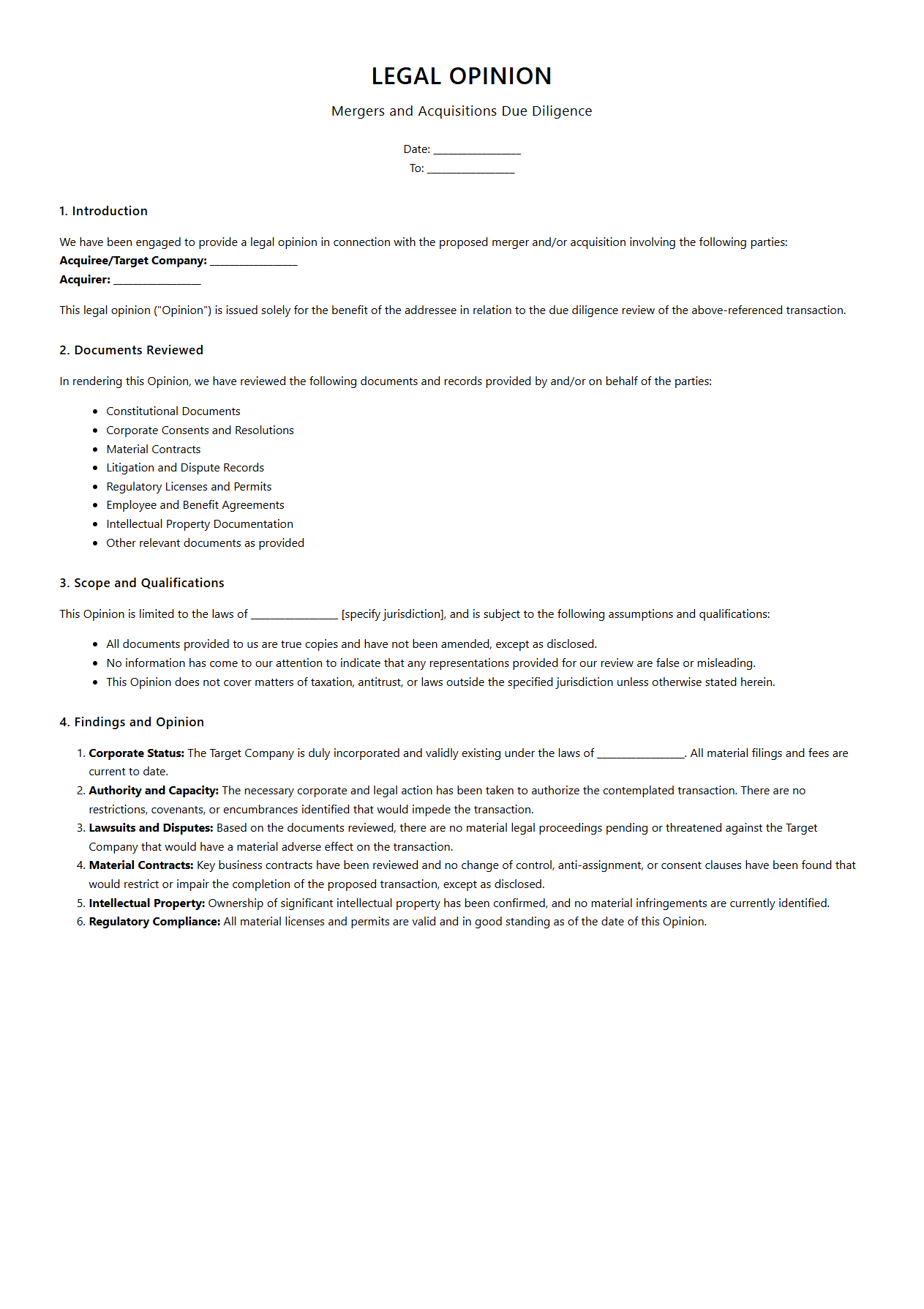 Mergers and Acquisitions Due Diligence Legal Opinion