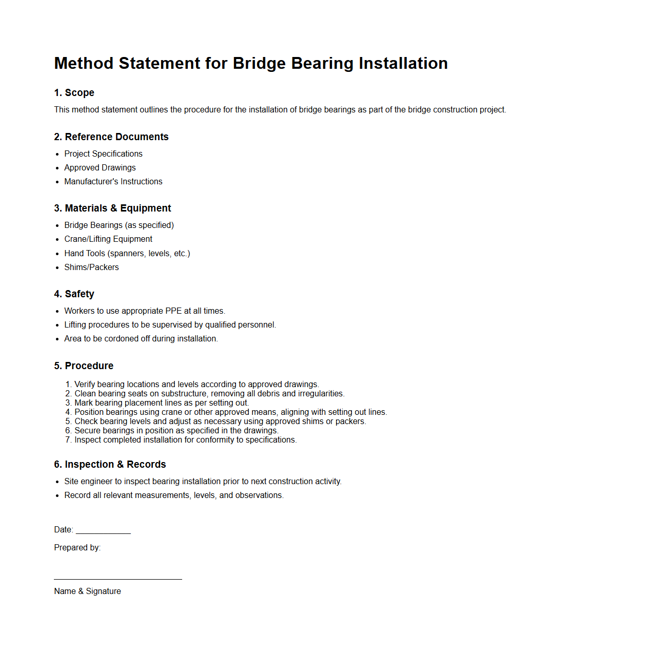 Method Statement for Bridge Bearing Installation