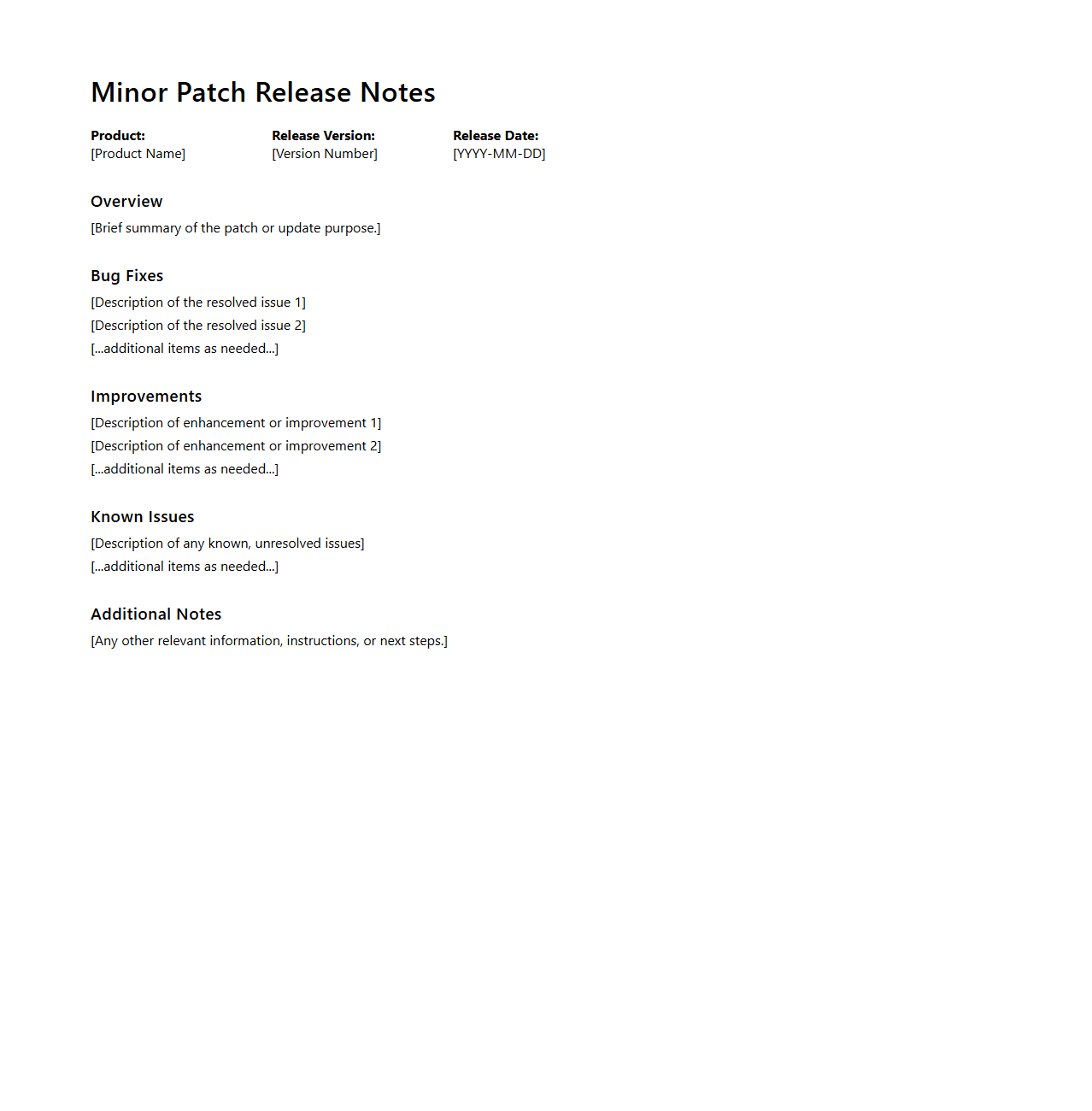 Minor Patch Release Note Template for SaaS Products