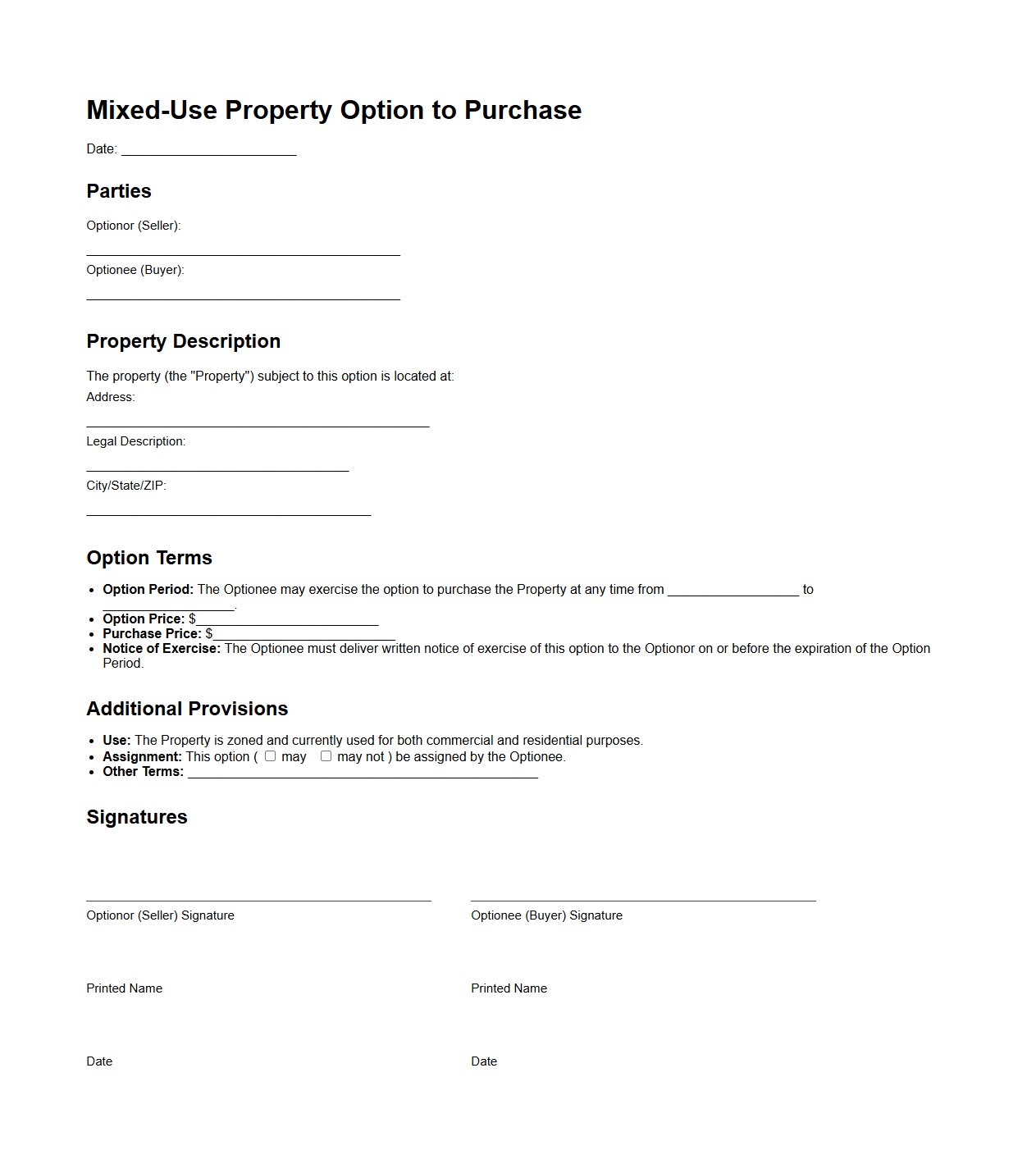 Mixed-Use Property Option to Purchase Document