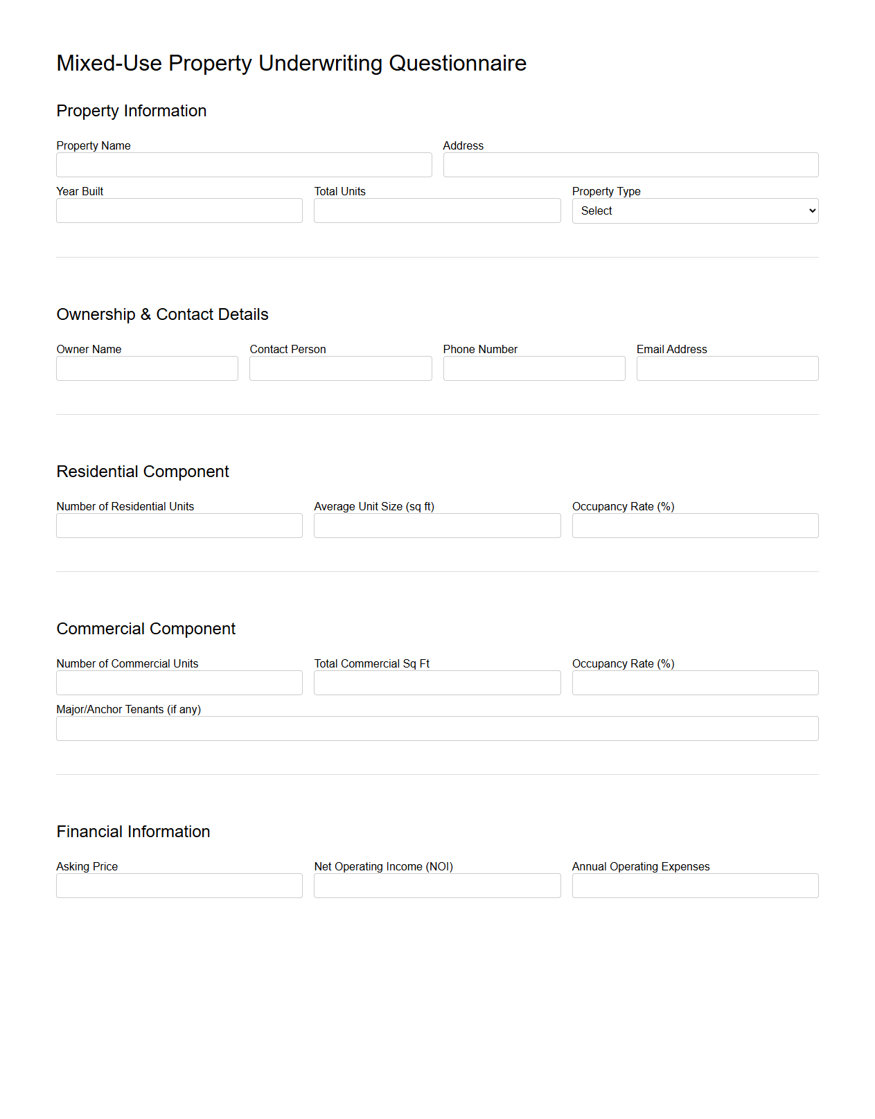 Mixed-Use Property Underwriting Questionnaire