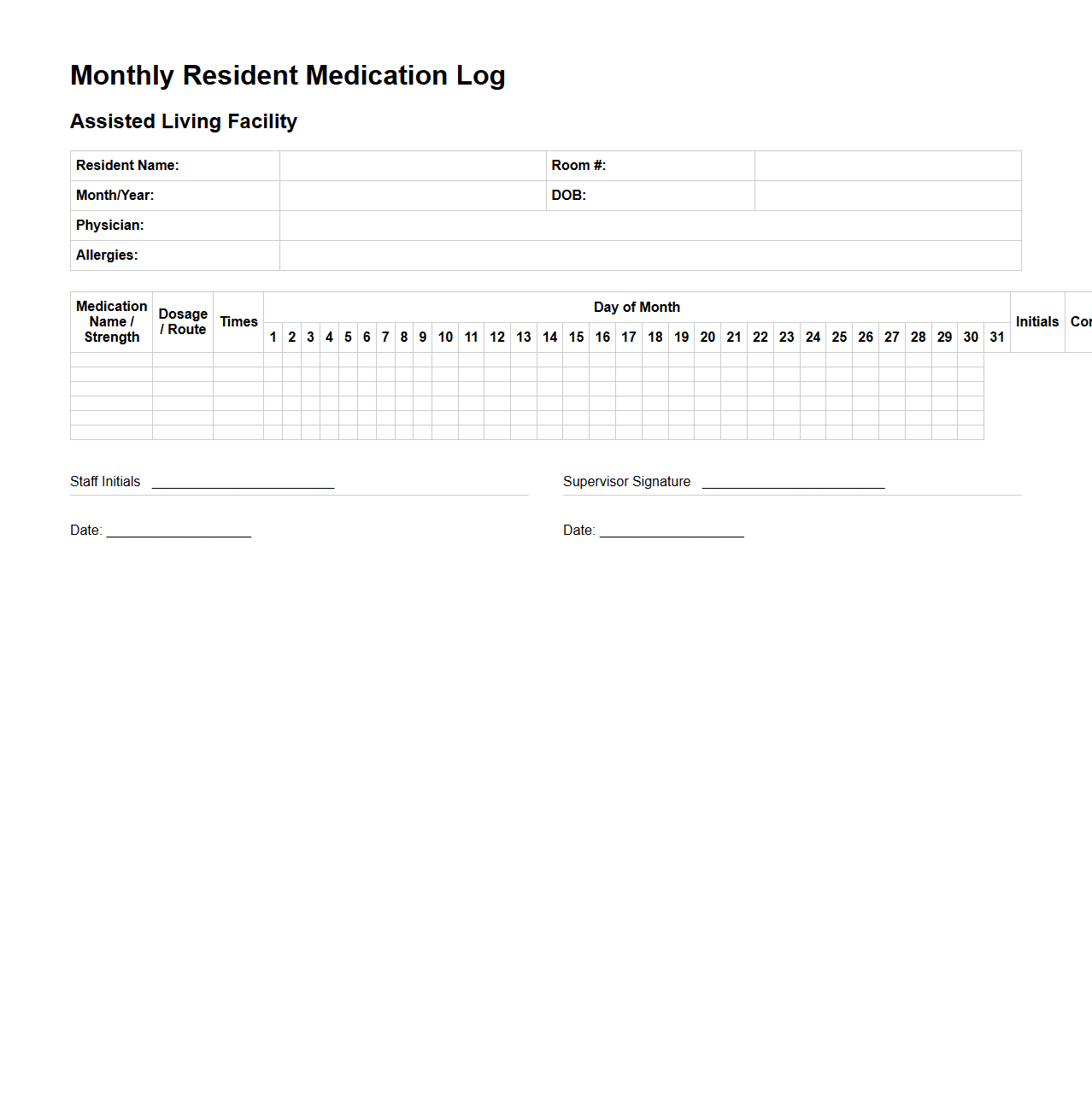 Monthly Resident Medication Log for Assisted Living