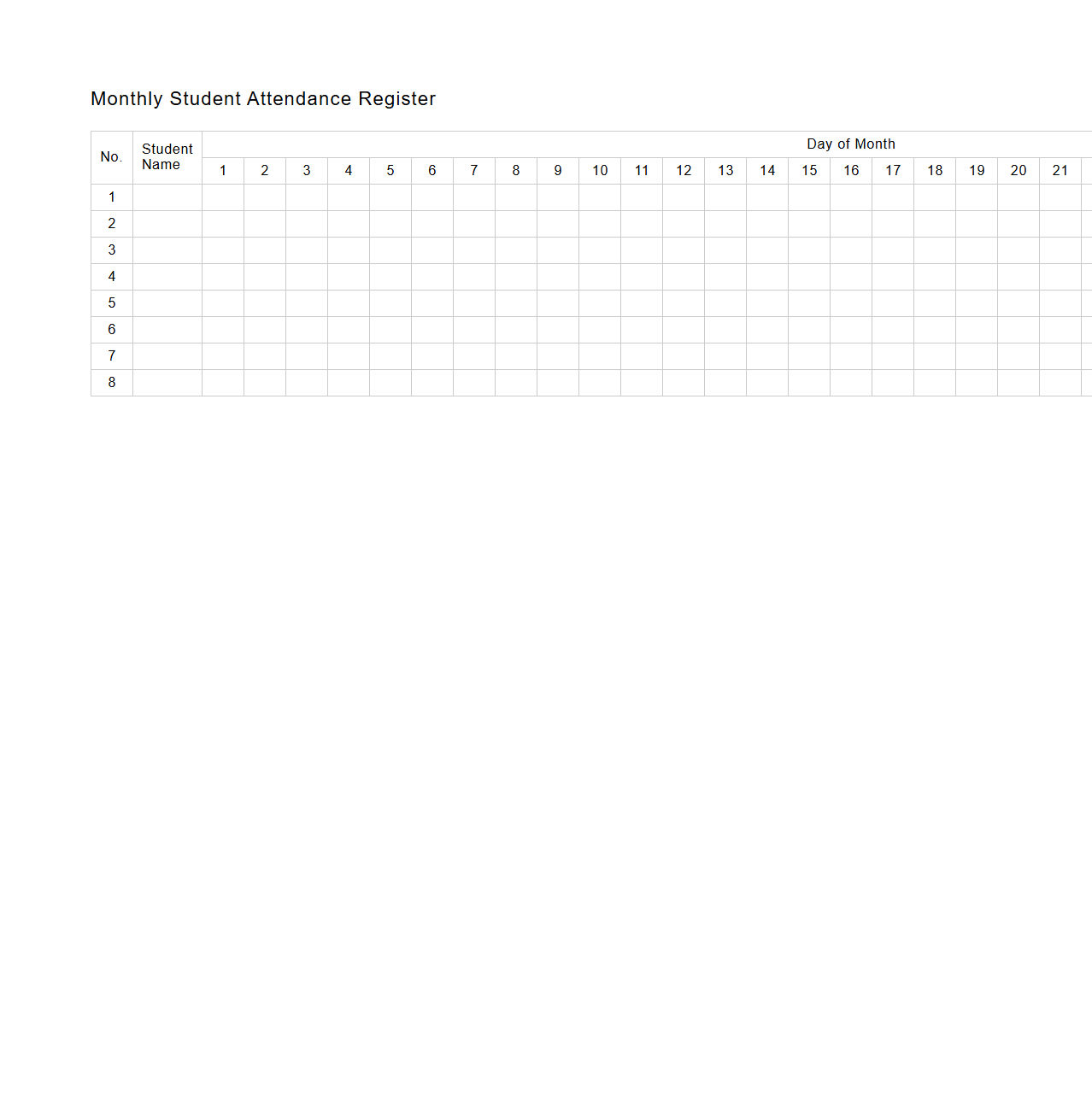Monthly Student Attendance Register