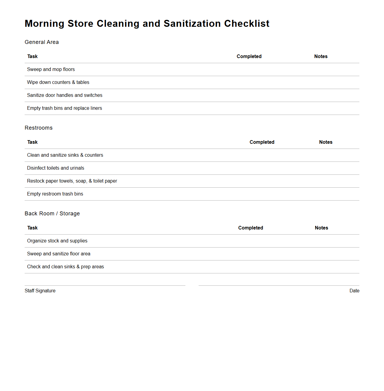 Morning Store Cleaning and Sanitization Checklist
