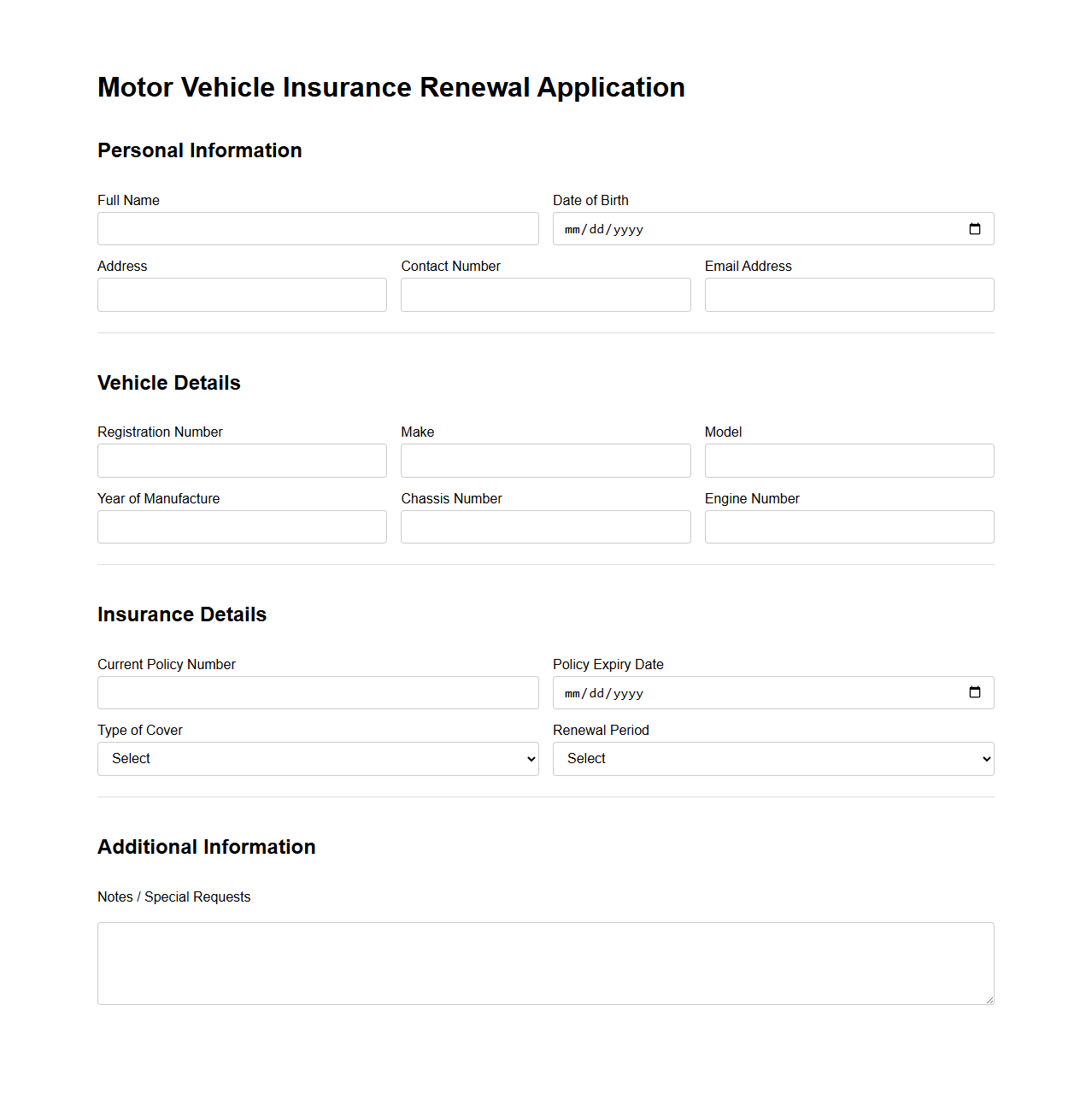 Motor Vehicle Insurance Renewal Application Template