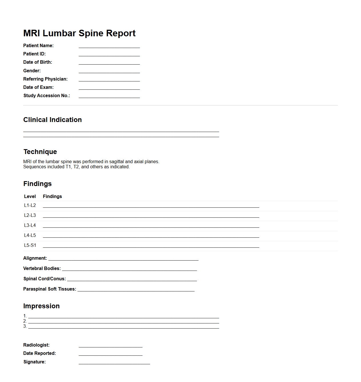 MRI Lumbar Spine Radiology Report Format