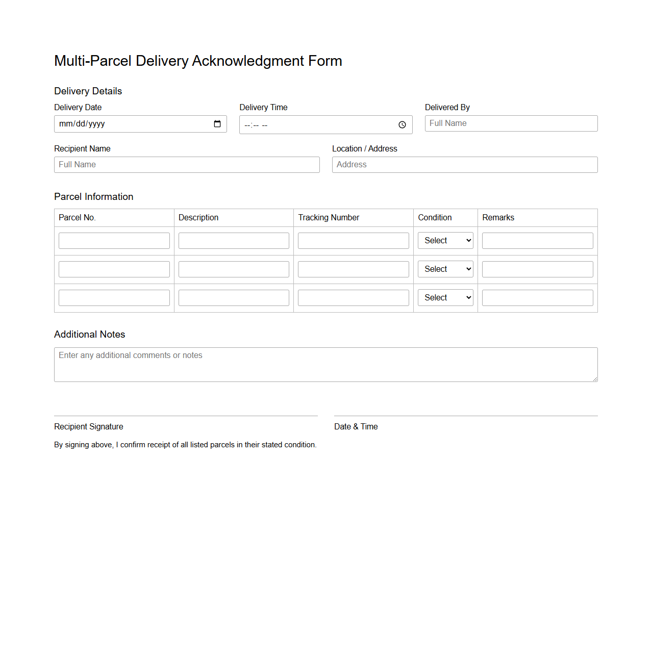 Multi-Parcel Delivery Acknowledgment Form