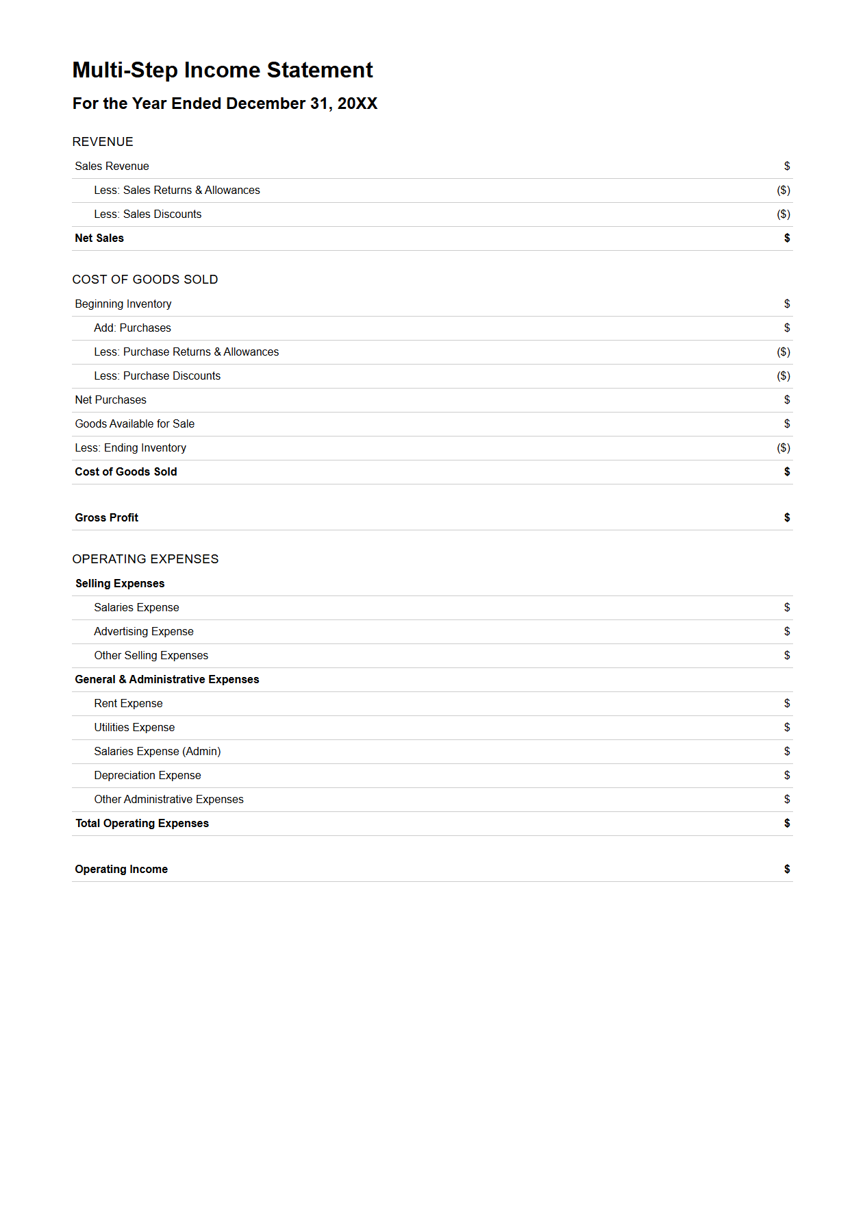 Multi-Step Income Statement Template for Detailed Financial Review