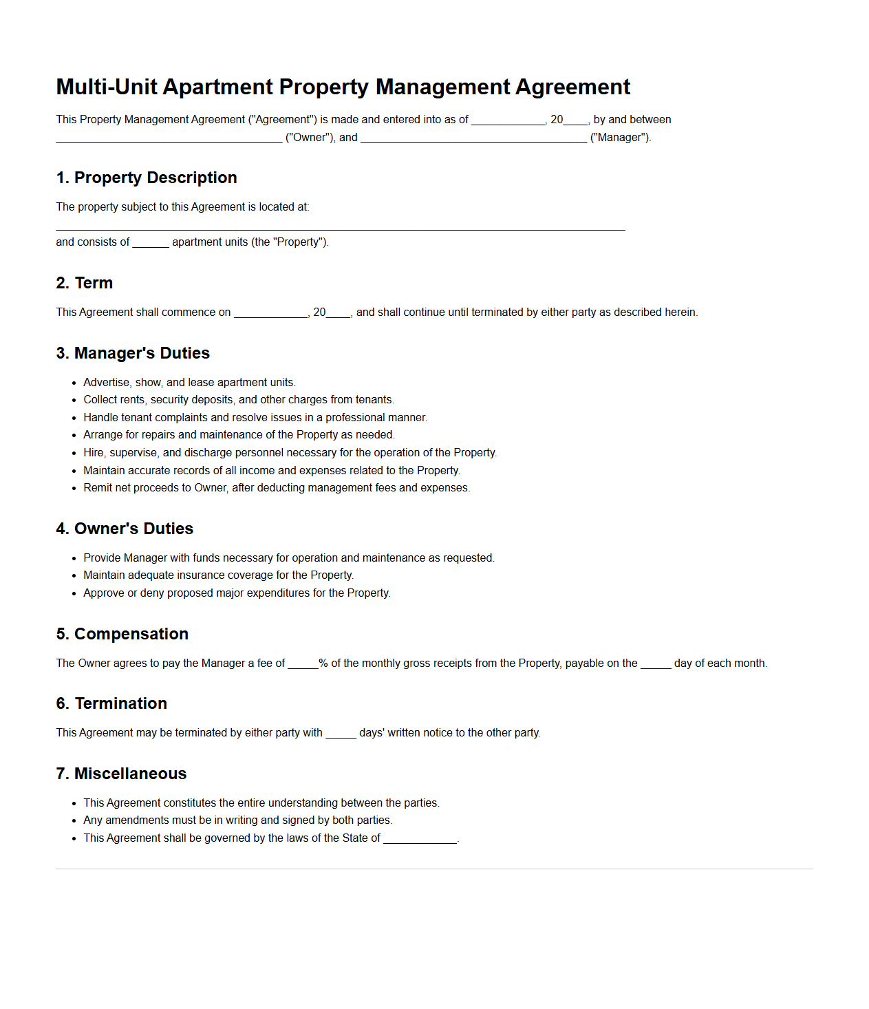 Multi-Unit Apartment Property Management Agreement Sample
