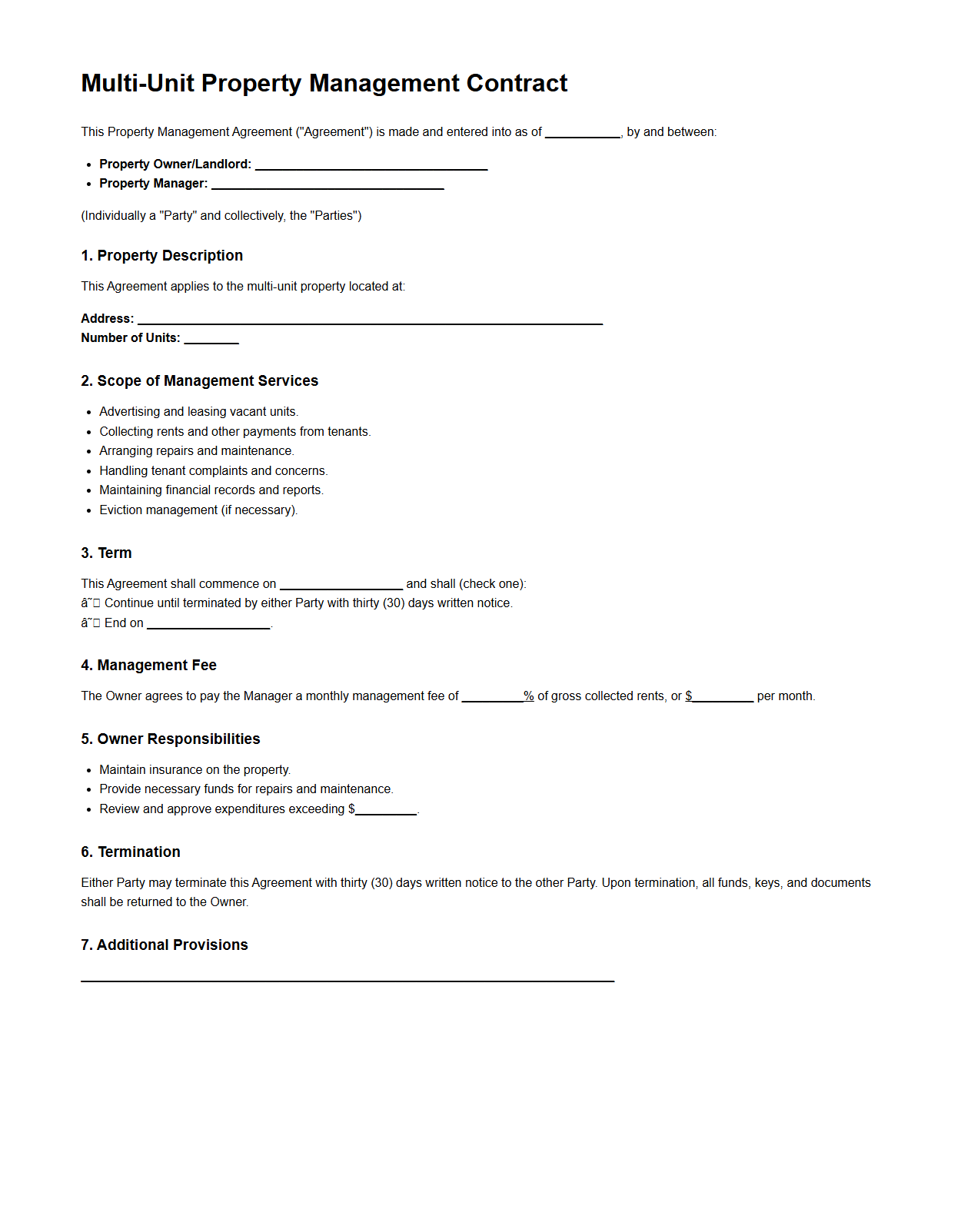 Multi-Unit Property Management Contract Sample