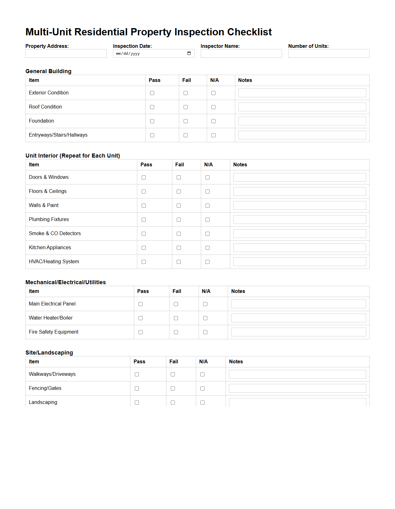 Multi-Unit Residential Property Inspection Checklist