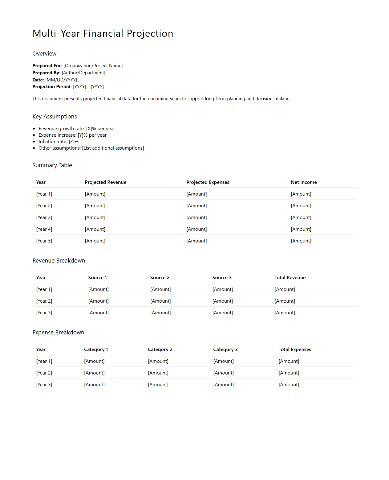 Multi-Year Financial Projection Document for Long-Term Planning