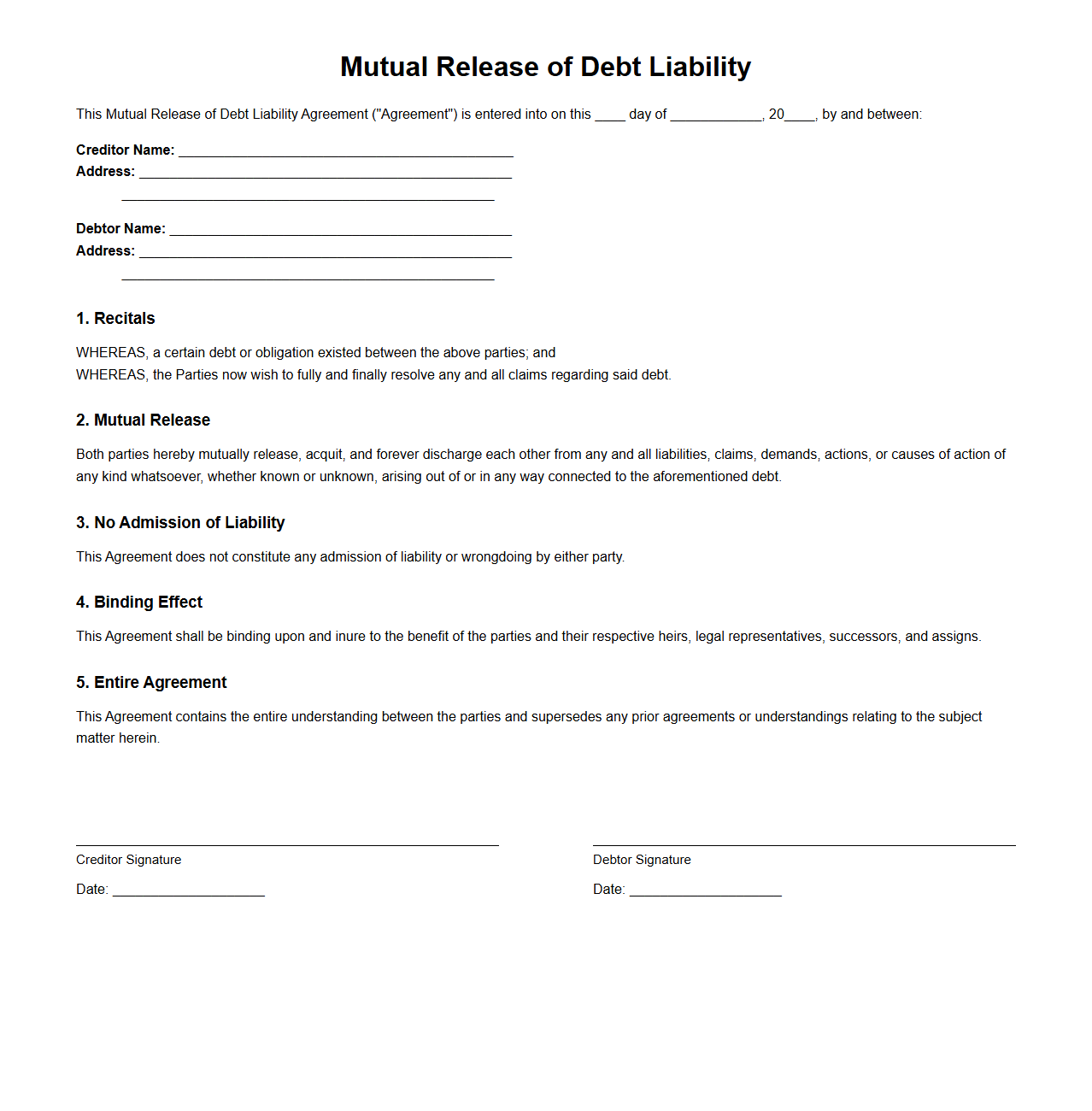 Mutual Release of Debt Liability Document