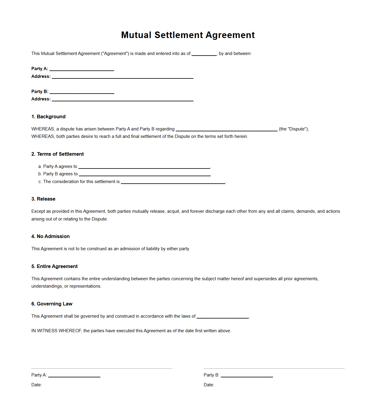 Mutual Settlement Agreement for Business Dispute