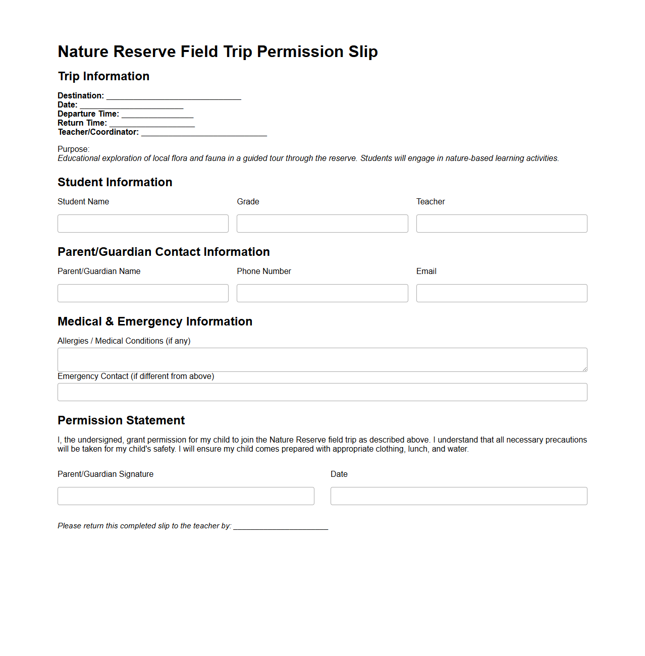 Nature Reserve Student Field Trip Permission Slip Sample