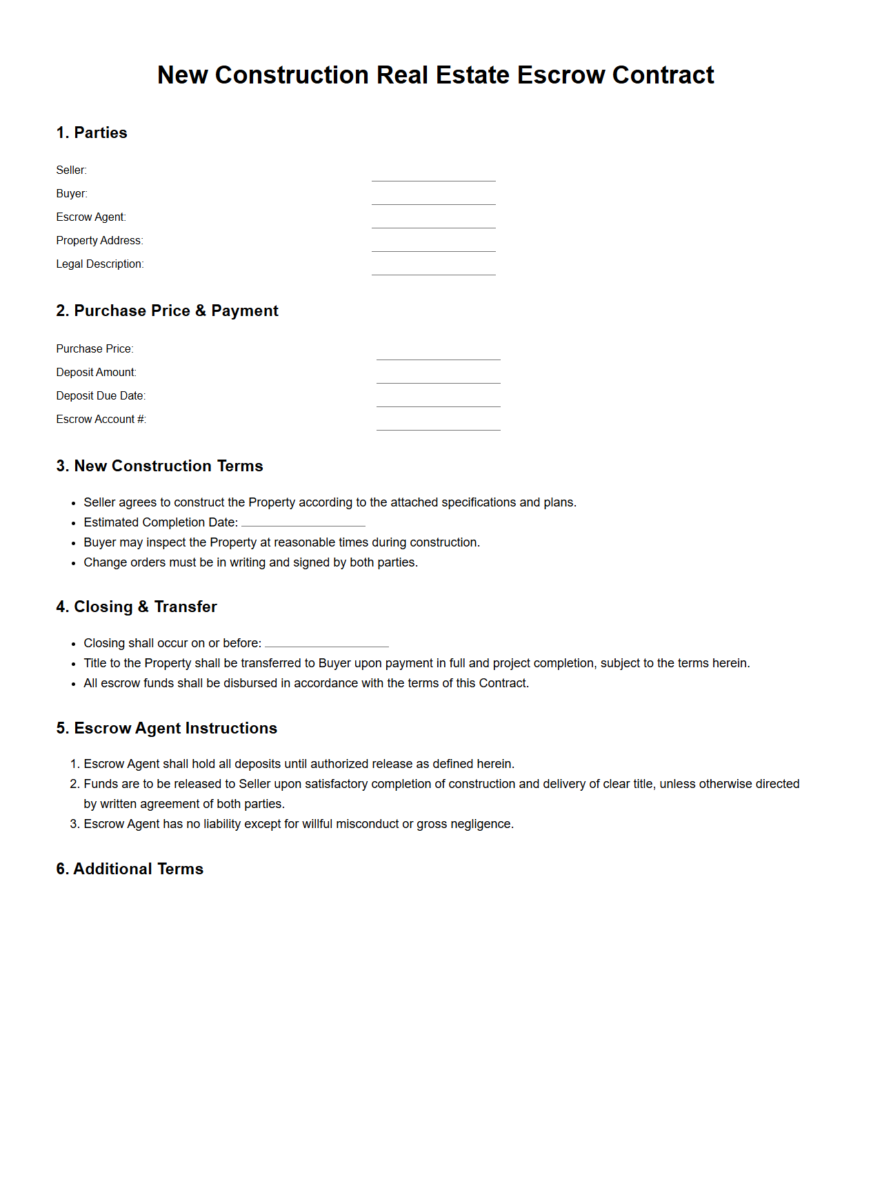 New Construction Real Estate Escrow Contract Sample