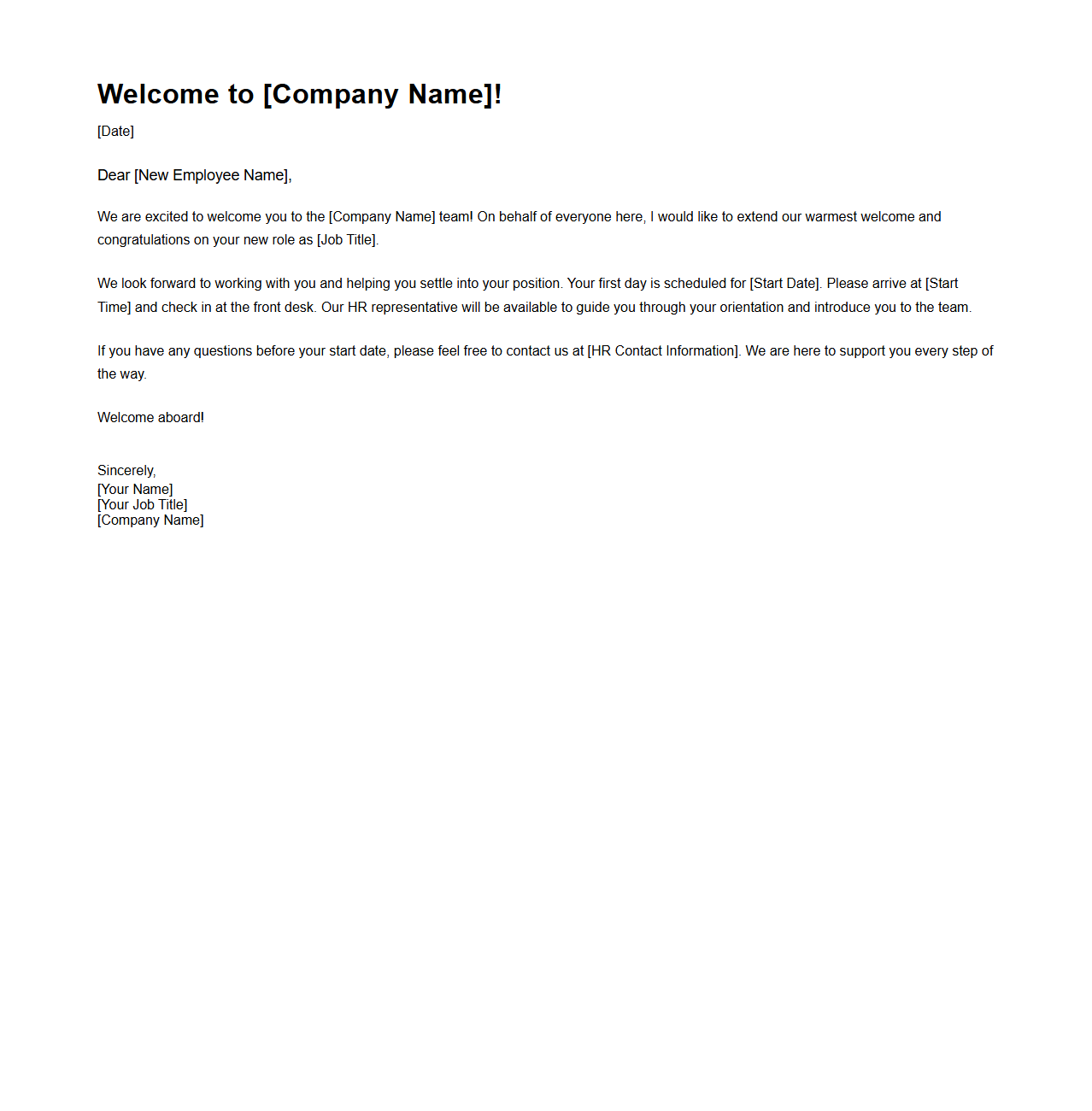 New Employee Onboarding Welcome Letter
