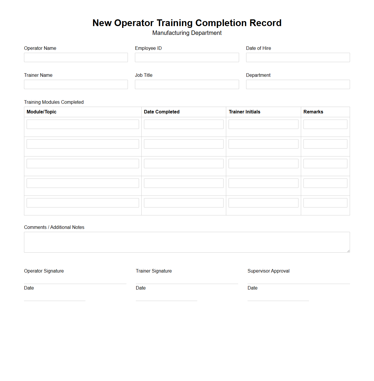New Operator Training Completion Record for Manufacturing