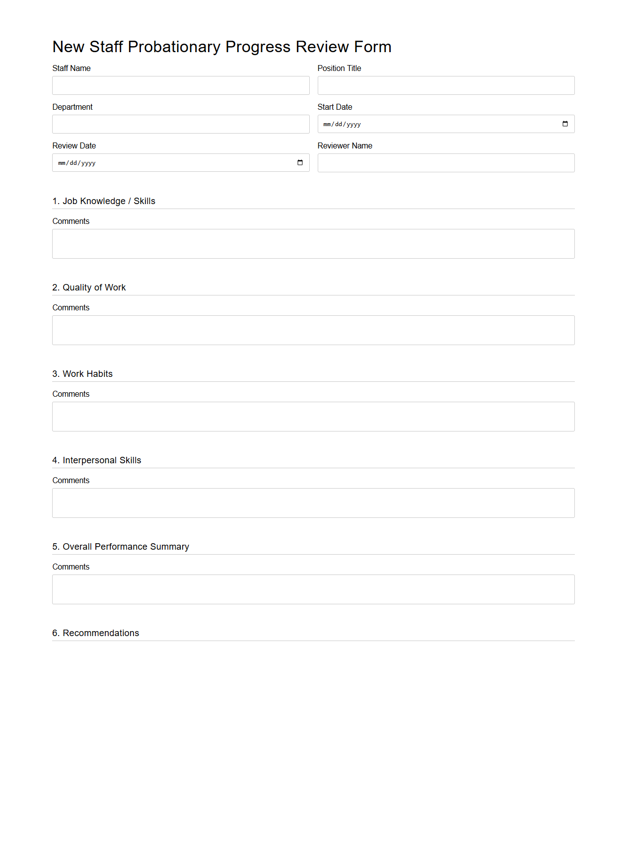 New Staff Probationary Progress Review Form