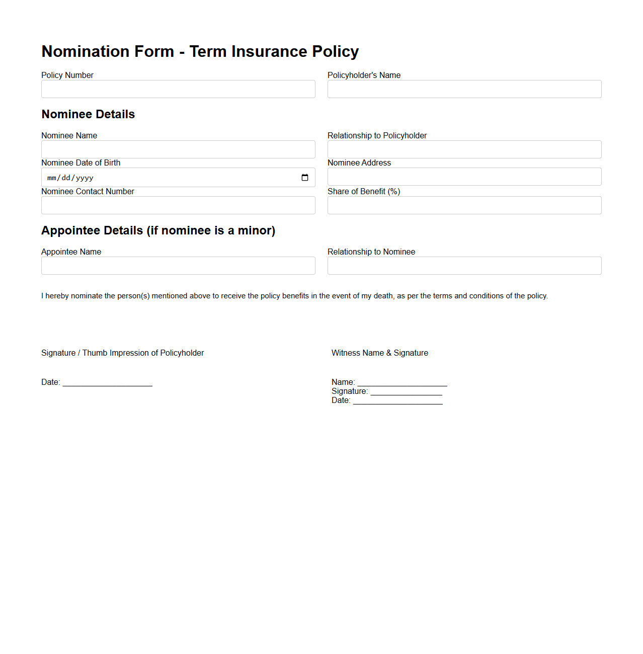 Nomination Form Template for Term Insurance Policy