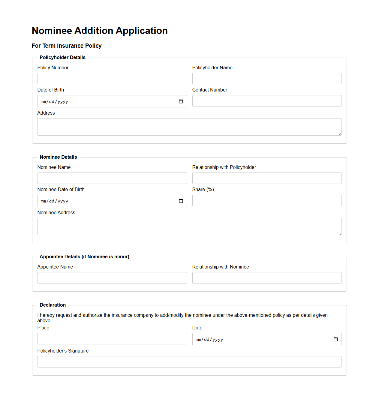 Nominee Addition Application for Term Insurance Policy